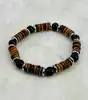 brpi bracelet élastique en pierre oeil de tigre, onyx et acier argenté d8 mm