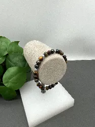 bracelet élastiqué boules en pierre oeil de tigre, oeil de taureau et oeil de faucon d6mm et métal argenté d4mm