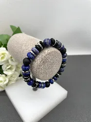 bracelet élastiqué en pierre lapis lazuli,onyx,onyx mat et acier d10mm