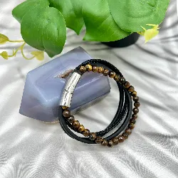 brac bracelet épais en cuir noir tressé et oeil de tigre 6mm avec acier argenté l21cm