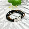 brac bracelet épais en cuir noir tressé et oeil de tigre 6mm avec acier argenté l21cm
