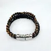 brac bracelet épais en cuir noir tressé et oeil de tigre 6mm avec acier argenté l21cm