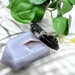 brac bracelet épais en cuir noir tressé et oeil de tigre et onyx 4mm avec acier noir l21cm