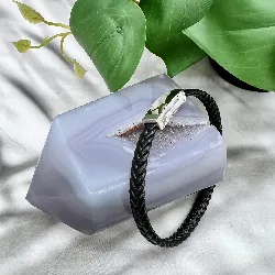 brac bracelet plat en cuir noir tressé acier argenté 8mm l21cm