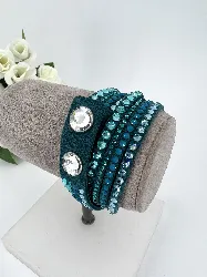 collier/bracelet double tour swarovski slake en cuir vert avec cristaux