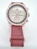 montre swatch x omega bioceramic mission to venus mouvement à quartz bracelet en cuir rose effet autruche