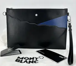 pochette montblanc en cuir lisse noir et bleu avec dragonne amovible
