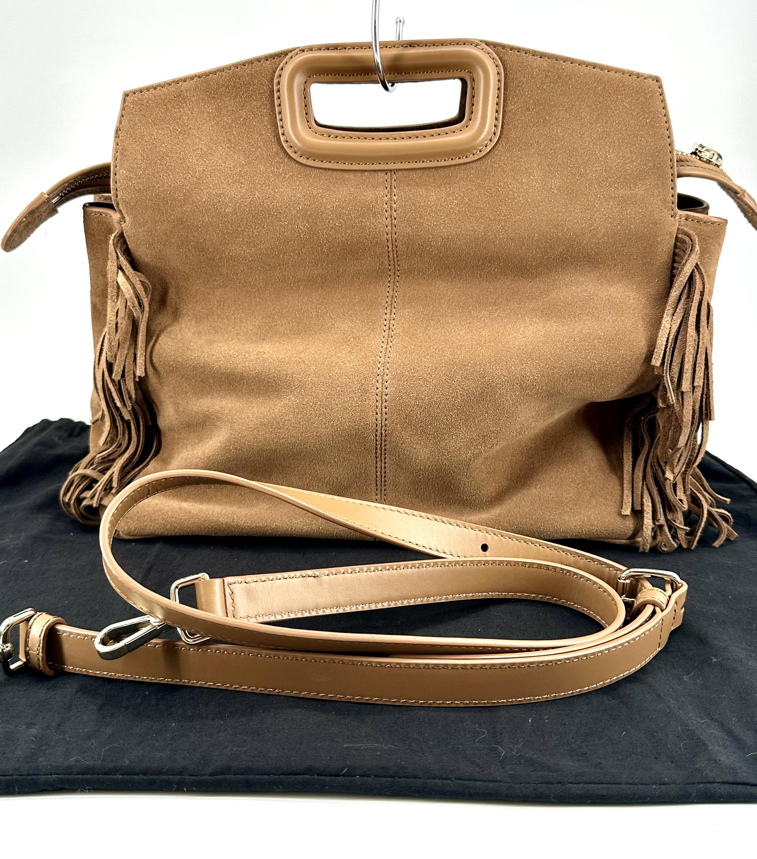 Sac Maje Miss M à franges en cuir suédé couleur camel  moyen modèle 