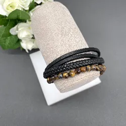 bracelet épais en cuir noir tressé et oeil de tigre 6mm avec acier argenté l21cm