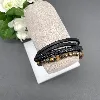bracelet épais en cuir noir tressé et oeil de tigre 6mm avec acier argenté l21cm