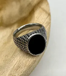 bgac bague chevalière acier sertie de pierre onyx ovale facetté