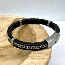 brac bracelet en cuir noir orné de chaîne en acier l21 cm