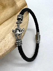brac bracelet en cuir noir orné de noeud d'ancre en acier l21 cm