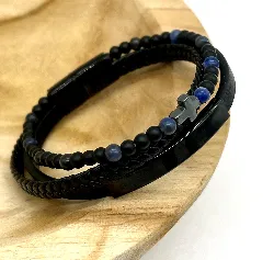 brac bracelet en cuir noir tressé, lapis lazuli et onyx d4mm, fermoir en acier noir l21 cm