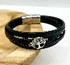 brac bracelet en cuir noir tressé, motif arbre de vie en acier l21cm