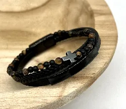 brac bracelet en cuir noir tressé, oeil de tigre et onyx d4mm, fermoir en acier noir l21 cm