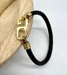 brac bracelet fine en cuir noir tressé et fermoir en acier doré l21 cm