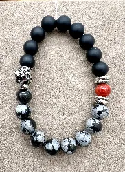 bracpi bracelet élstique en pierre jaspe picasso, jaspe rouge, onyx et tête de panthère en acier d10mm