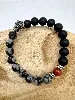 bracpi bracelet élstique en pierre jaspe picasso, jaspe rouge, onyx et tête de panthère en acier d10mm