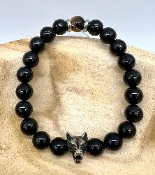 bracpi bracelet élstique en pierre oeil de tigre, onyx et tête de loup en acier d10 mm