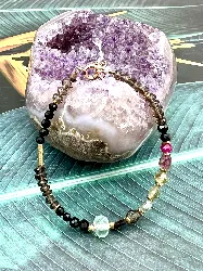 fbr2268 bracelet en pierre quartz fumé, onyx, tourmaline et fermoir vermeil l17-19 cm  argent 925 millième (22 ct) 2g