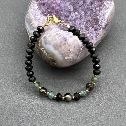 fbr2848 bracelet pierre agate noire, agate verte, quartz fumé et métal doré l17-20 cm
