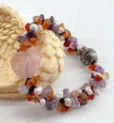 bracelet en pierre naturelle (quartz rose, améthyste, agate et perle de culture) avec fermoir aimanté