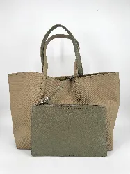 sac cabas lacoste porté épaule anna réversible bicolore beige et vert mousse avec pochette