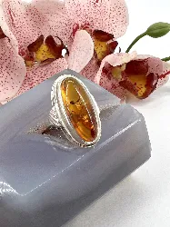 bague en argent ornée d'ambre naturel avec inclusions t53 argent 925 millième (22 ct) 6,43g