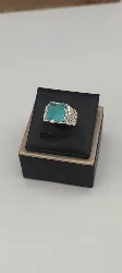 111414 bague chevalière motifs lignes ornée d'une turquoise carré t59 argent 925 millième (22 ct) 6,87g