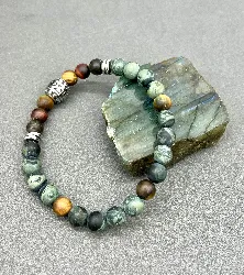 bracpi bracelet élastiqué en pierre jasper kambaba,oeil de tigre, oeil de taureau, oeil de faucon et acier d8 mm