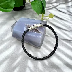 brac bracelet en cuir noir er marron tressé et acier argenté 6mm l21cm