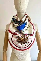 carré 90 / foulard hermès "springs" en soie dans les tons dominants blanc et rouge 88 x 88 cm