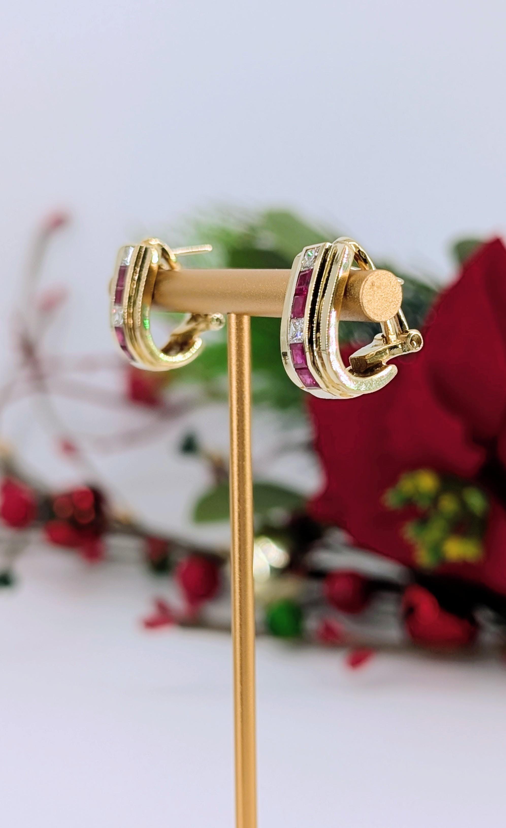 Boucles d'oreilles demi créoles large serties des rubis et diamants taille princesse Or 750 Millième (18 CT) 11,47g