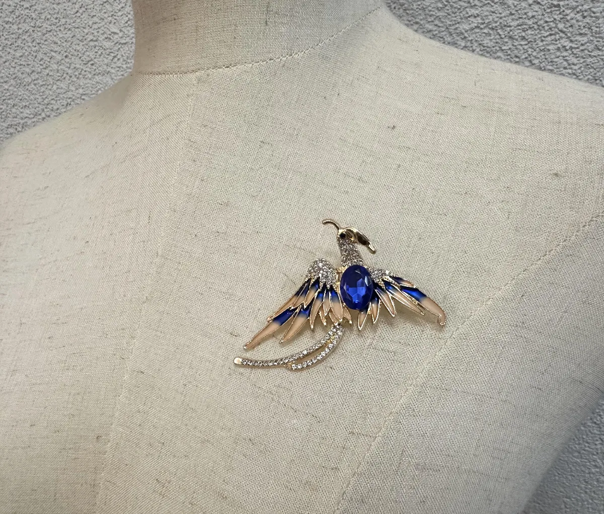 Broche Vintage Oiseau Phénix En Métal Doré émaillé Vert Et Bleu - Bijou Ancien
