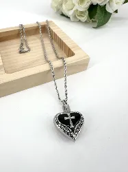 collier commémoratif avec pendentif coeur et croix en acier inoxydable