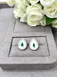 132035 boucle d'oreille nacre en forme goutte d'eau avec oxyde vert et strass argent 925 millième (22 ct) 3,85 g