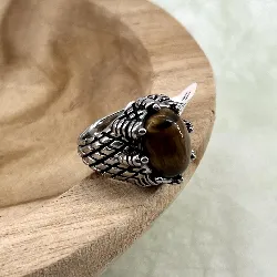 bgac bague chevalier avec pierre oeil de tigre ovale en acier