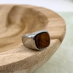 bgac bague chevalière avec pierre oeil de tigre carré en acier