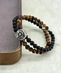 bracpi braclet elastiqué double rang en pierre onyx mat, oeil de tigre et acier argenté d6 mm