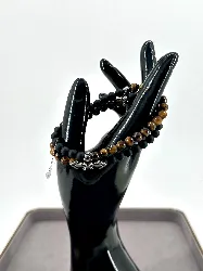 bracpi braclet elastiqué double rang en pierre onyx mat, oeil de tigre mat et acier argenté d6 mm