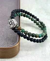 bracpi braclet elastiqué double rang en pierre onyx mat, turquoise et acier argenté  d6 mm