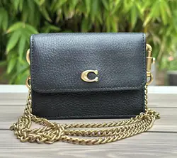 coach mini sac en cuir grainé noir avec chaîne dorée amovible
