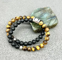 bracpi bracelet élastiqué double tour en pierre oeil de tigre, onyx mat et acier d8 mm