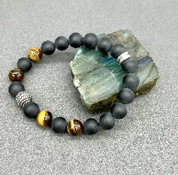 bracpi bracelet élastiqué en pierre oeil de tigre,onyx mat et acier d10 mm