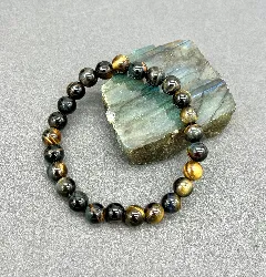 brpi bracelet élastiqué en pierre oeil de faucon et acier d8 mm