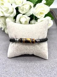 brac bracelet en cuir noir tressé et oeil de tigre avec acier argenté 8mm l21cm