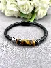 brac bracelet en cuir noir tressé et oeil de tigre avec acier argenté 8mm l21cm