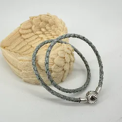 bracelet double pandora en cuir tressé bleu ciel avec fermoir en argent argent 925 millième (22 ct) 5,97g