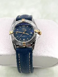 montre breitling callistino b52045 mouvement quartz en acier & or jaune, bracelet en cuir bleu
